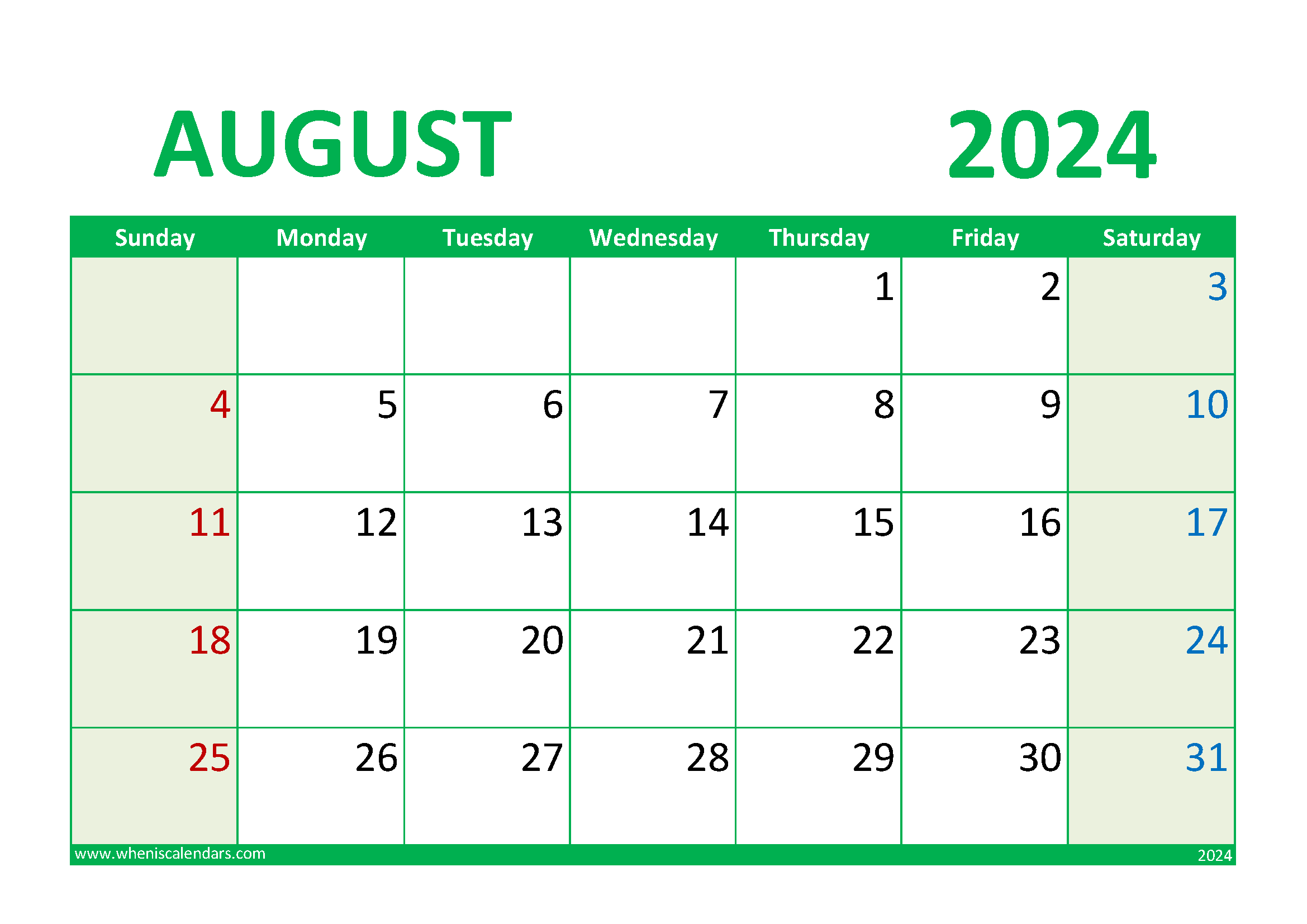 August 2024 Calendar excel download Monthly Calendar