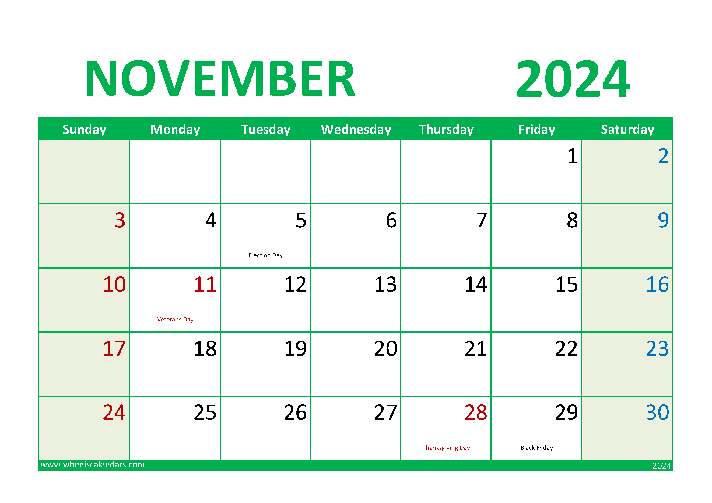 November 2024 Calendar excel download Monthly Calendar