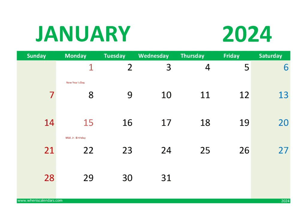 Download free Calendar 2024 with Holidays printable A4 in horizontal landscape