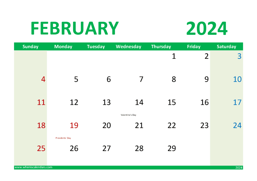 Download Blank Calendar of February 2024 A4 Horizontal F4300