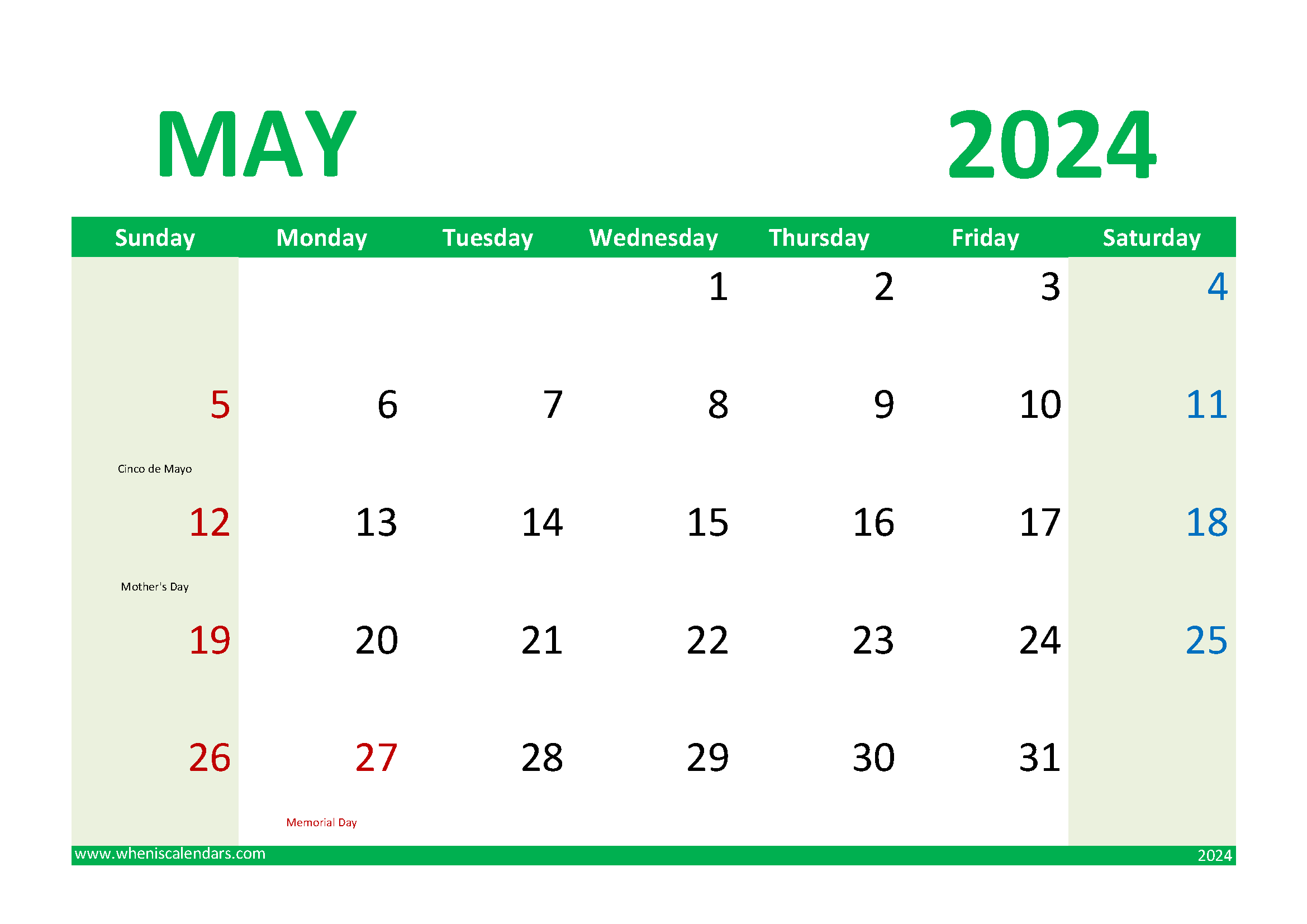 Blank Calendar of May 2024 Monthly Calendar