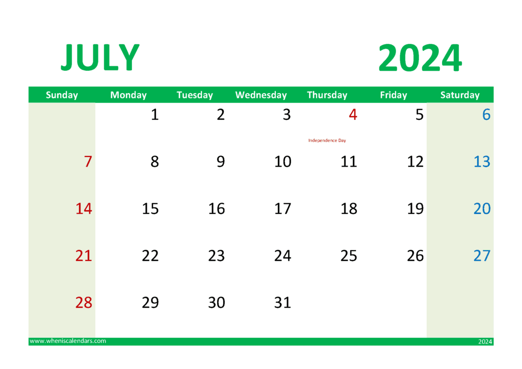 Download Blank Calendar of July 2024 A4 Horizontal J74300