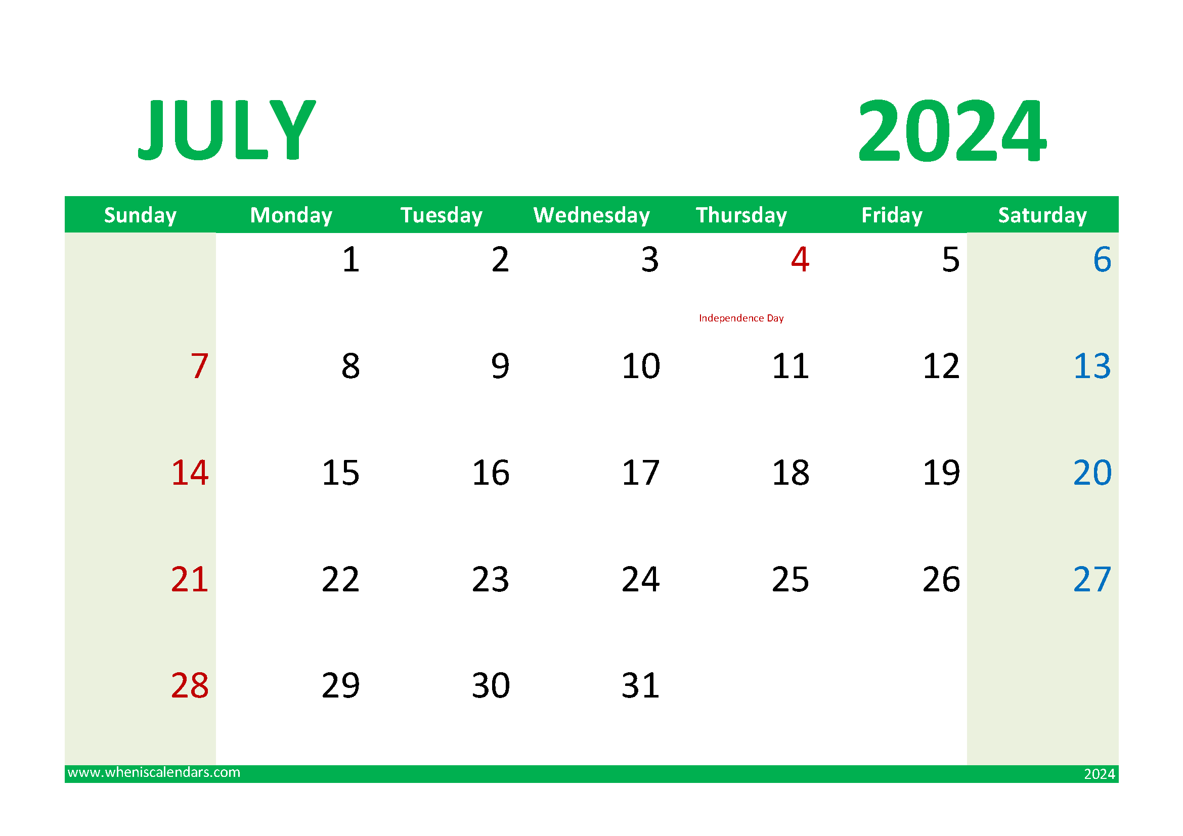 Blank Calendar of July 2024 Monthly Calendar