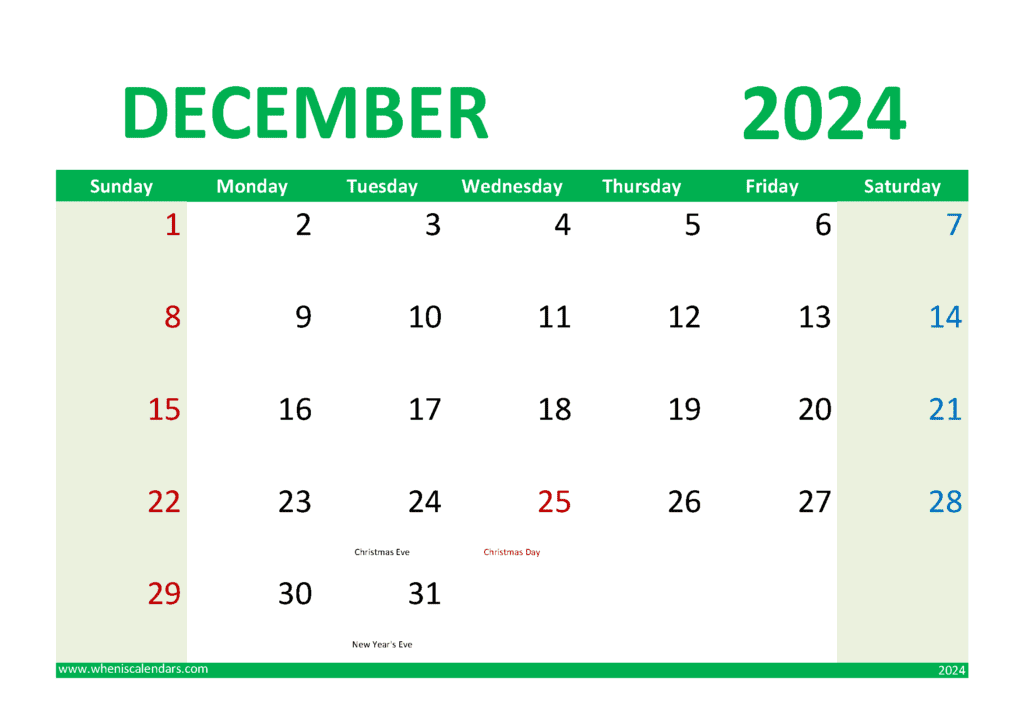 December 2024 Printable Calendar Free D14020