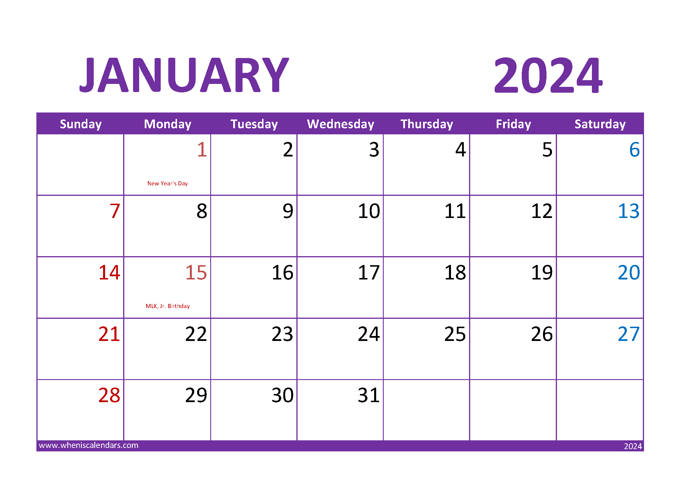 Download Blank monthly Calendar Printable January 2024 A4 Horizontal J4301