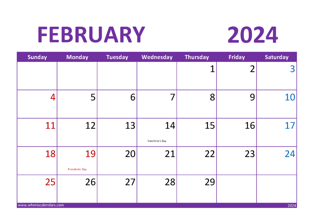 Download Blank monthly Calendar Printable February 2024 A4 Horizontal F4301