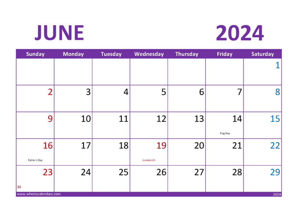 Download Blank monthly Calendar Printable June 2024 A4 Horizontal J64301