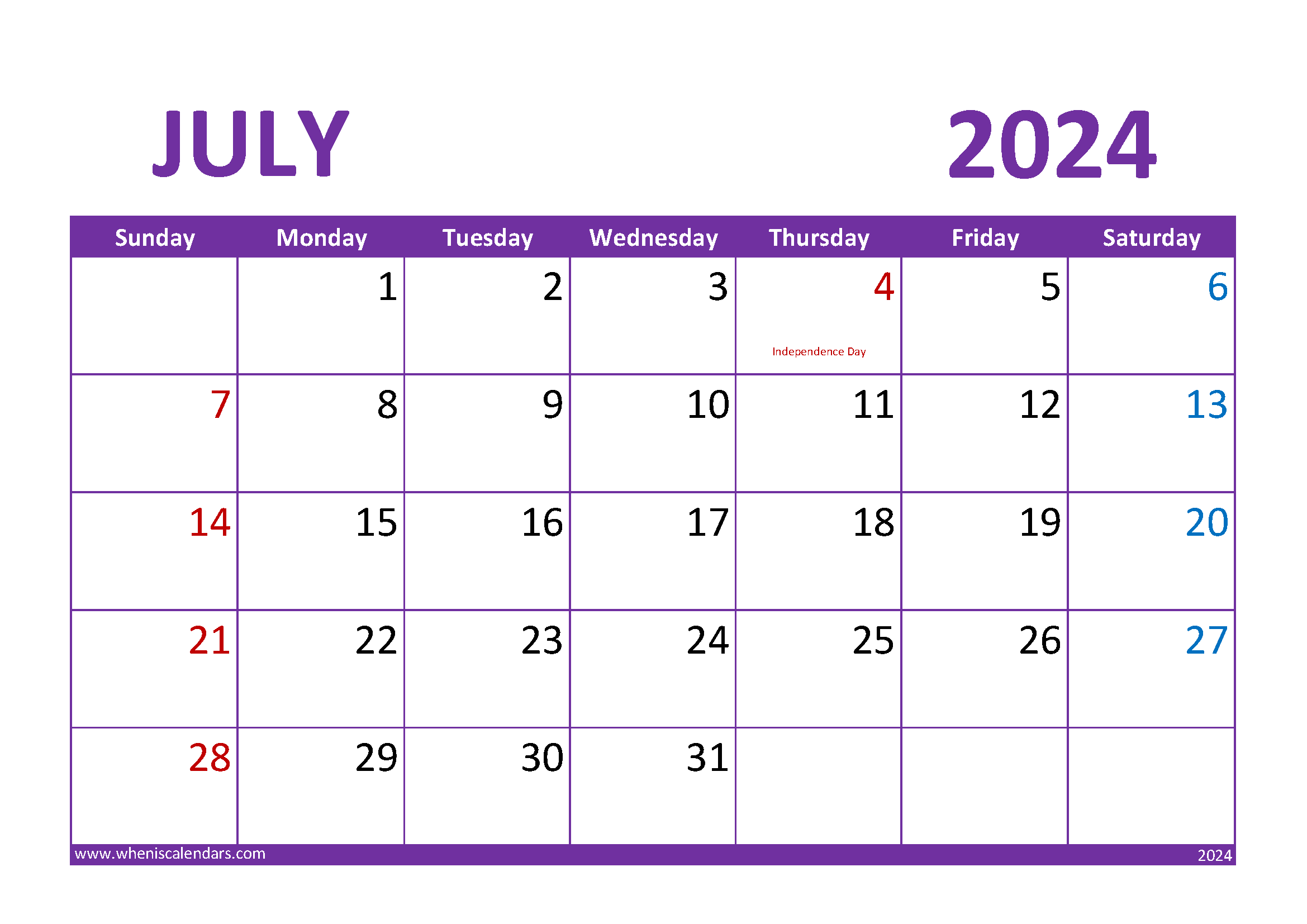 Blank monthly Calendar Printable July 2024 Monthly Calendar
