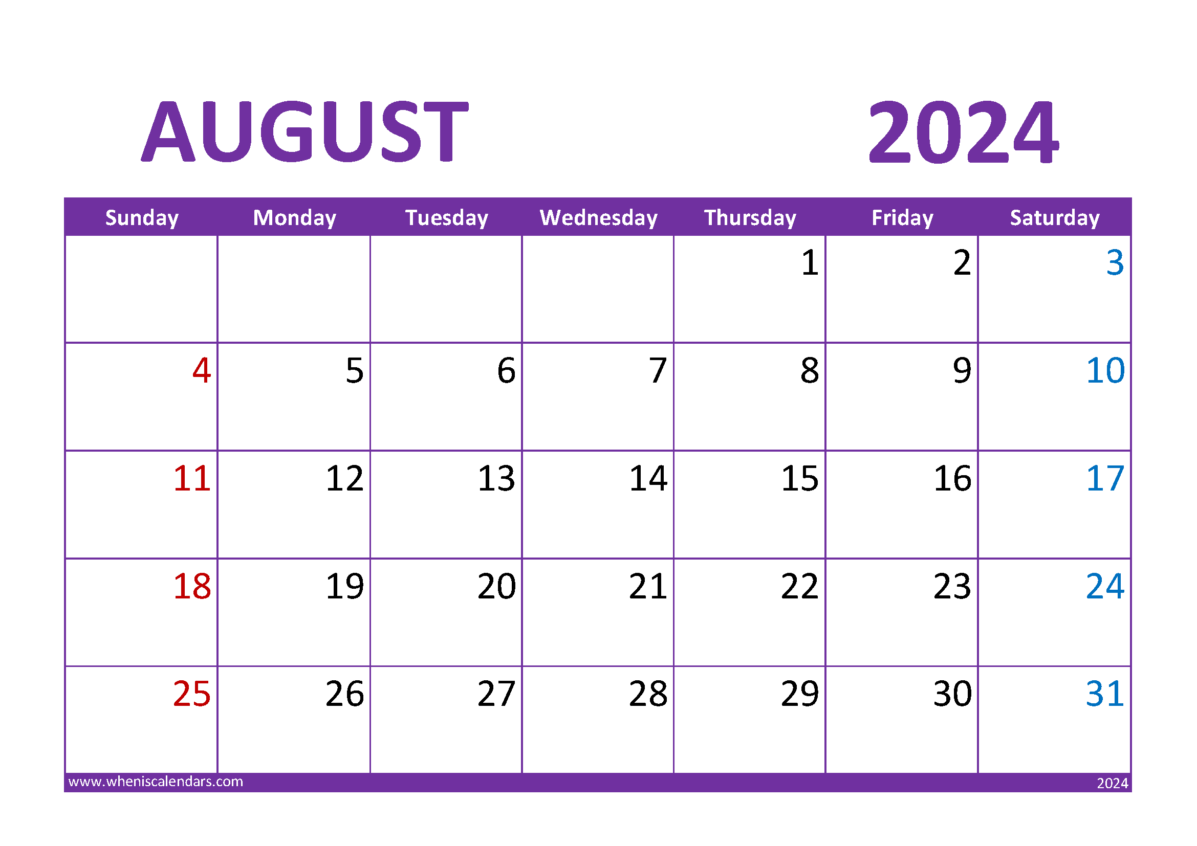 August 2024 Blank Calendar Monthly Calendar