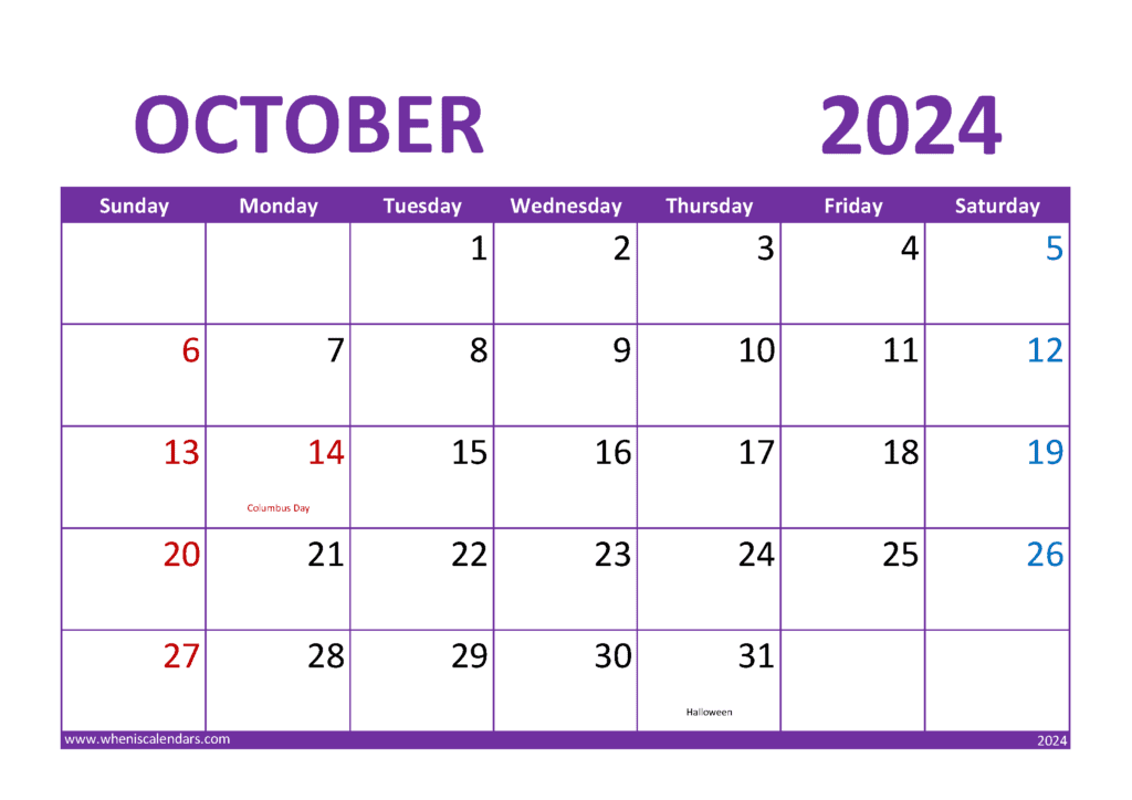 Download free October Calendar 2024 with Holidays printable A4 in horizontal landscape