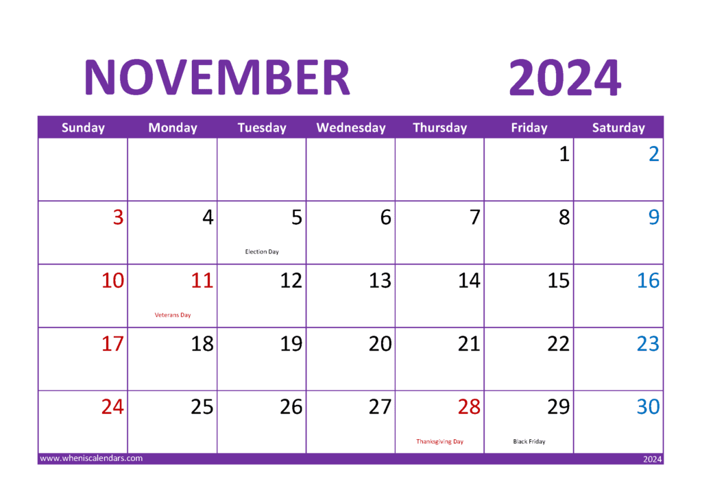 Download free November Calendar 2024 with Holidays printable A4 in horizontal landscape