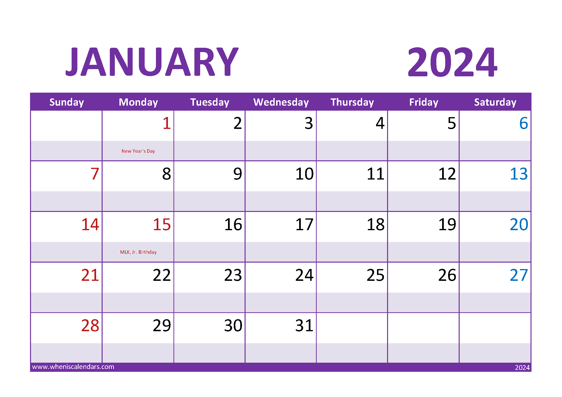 January Calendar 2024 with Holidays Monthly Calendar