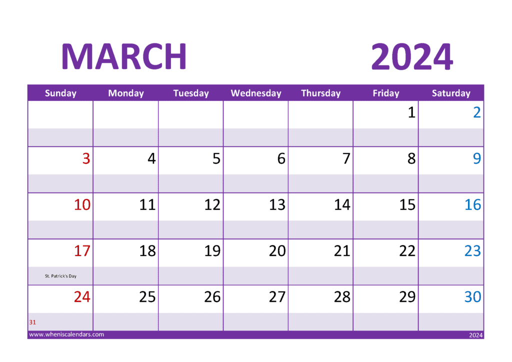 Download Blank Calendars March 2024 A4 Horizontal M34302