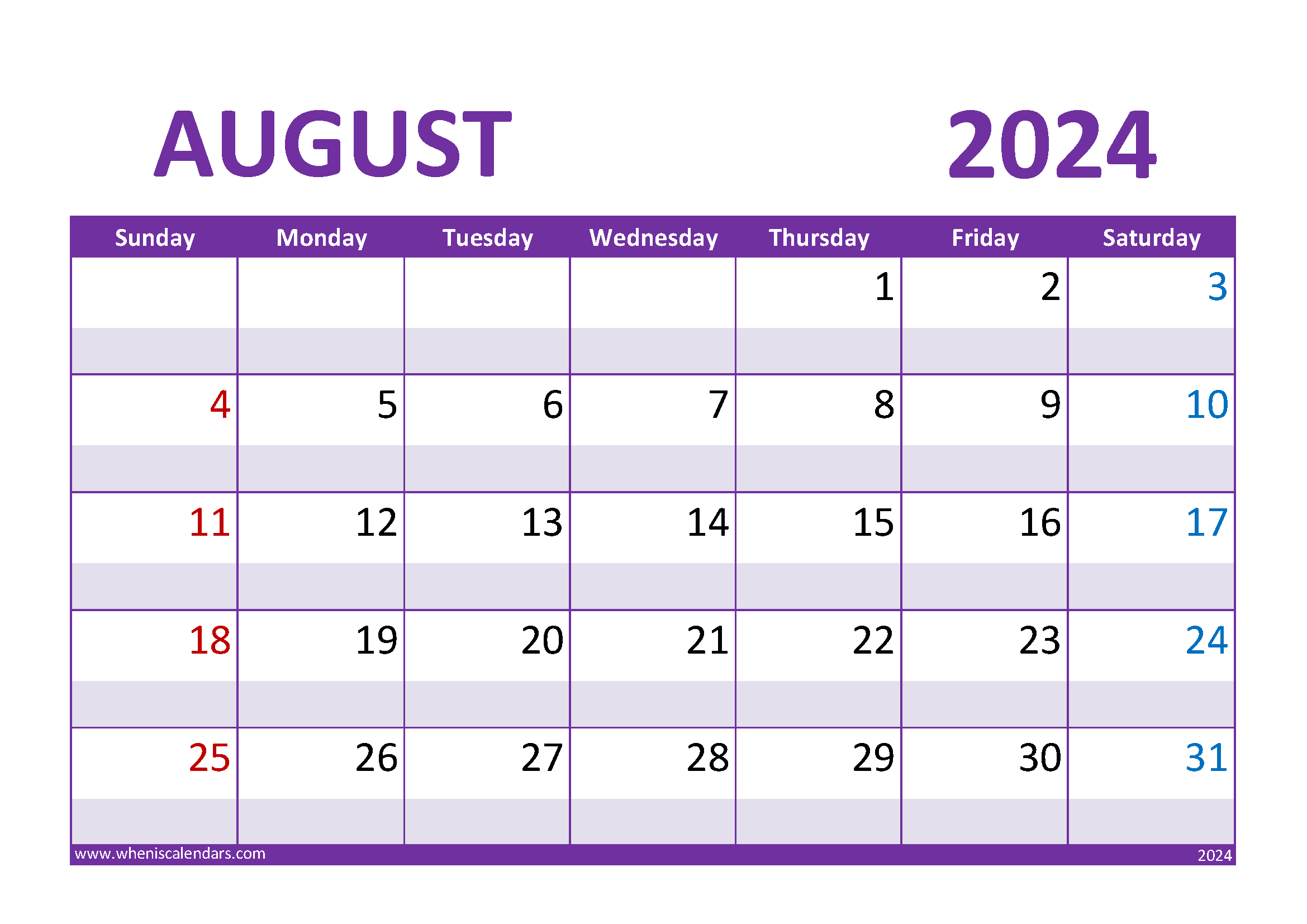 August Calendar 2024 with Holidays Monthly Calendar