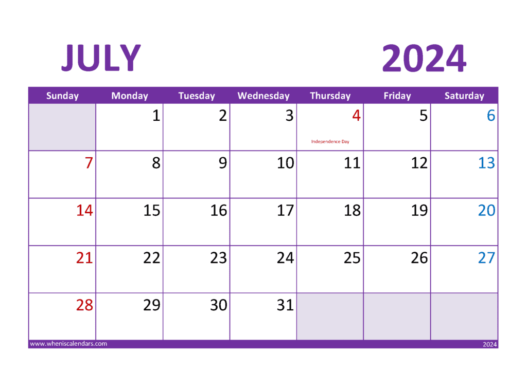 Blank Calendar July 2024 J74023