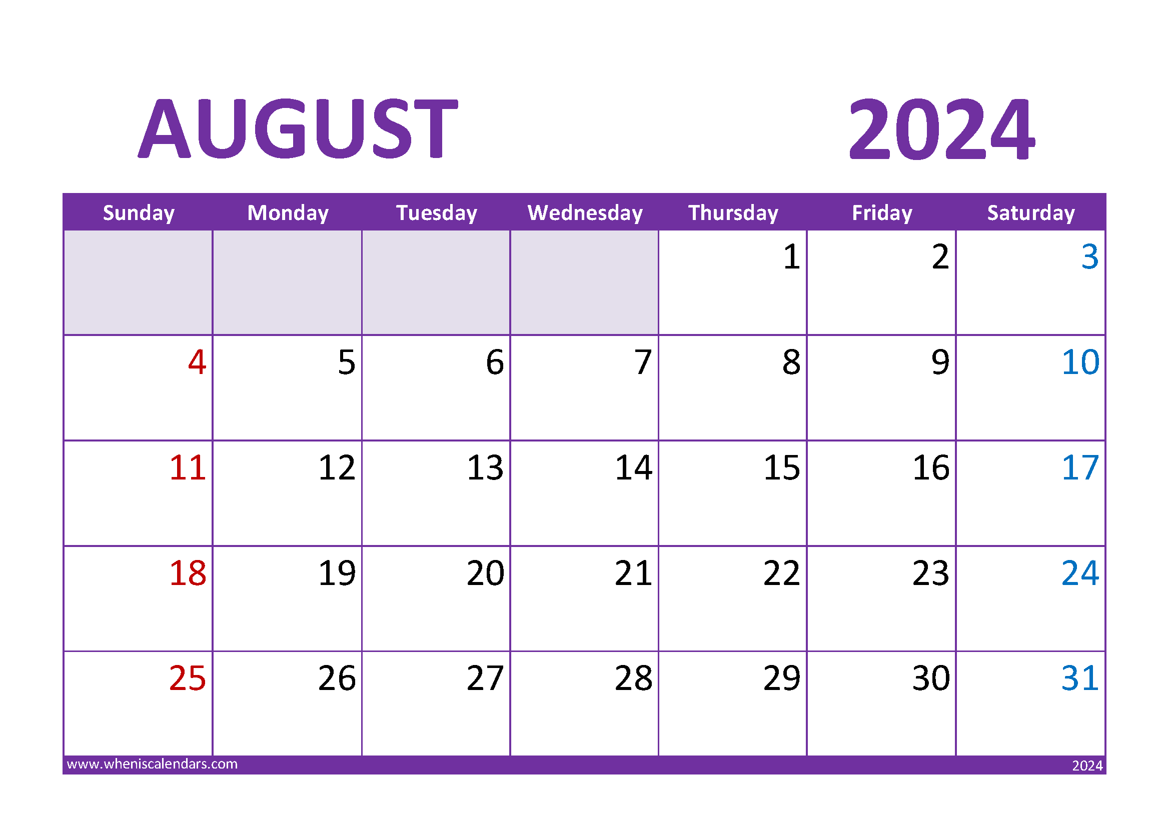 Blank Calendar August 2024 Monthly Calendar