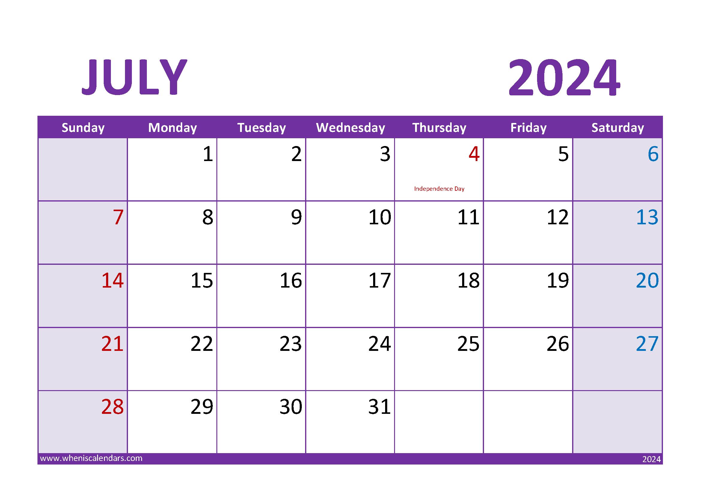 2024 Blank monthly Calendar July Monthly Calendar