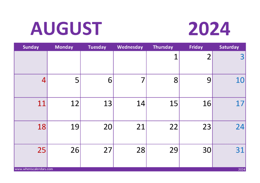 Download free August Calendar 2024 with Holidays printable A4 in horizontal landscape