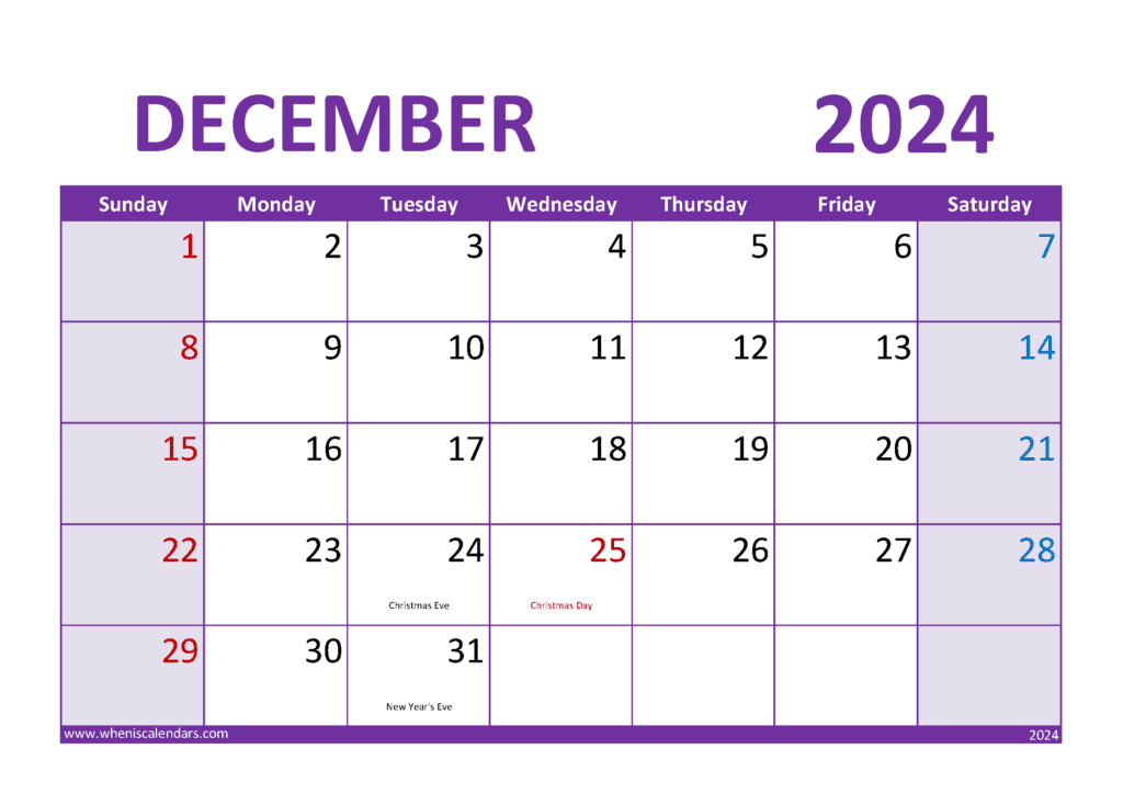 Download free December Calendar 2024 with Holidays printable A4 in horizontal landscape