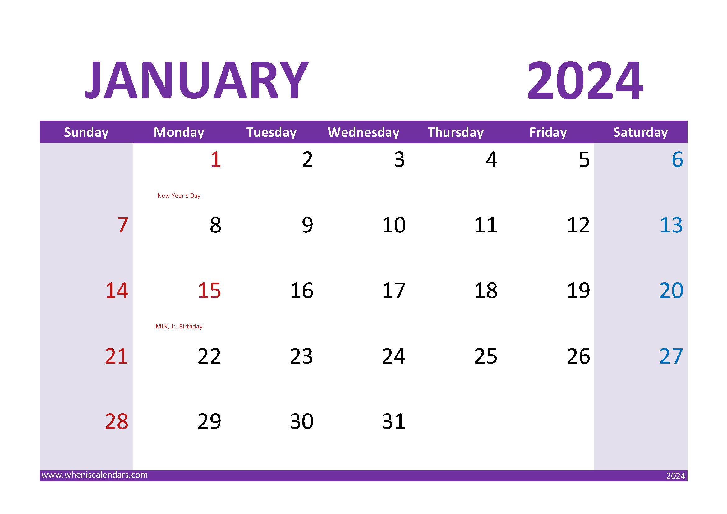 Download January 2024 Calendar cute Printable A4 Horizontal J4305