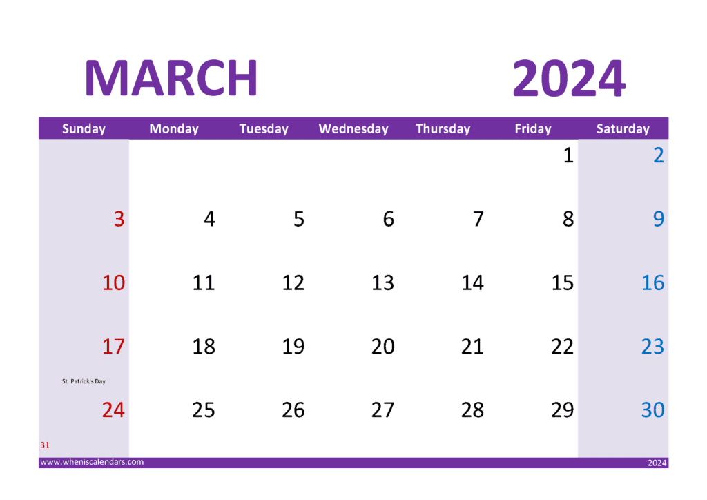 Download March 2024 Calendar cute Printable A4 Horizontal M34305