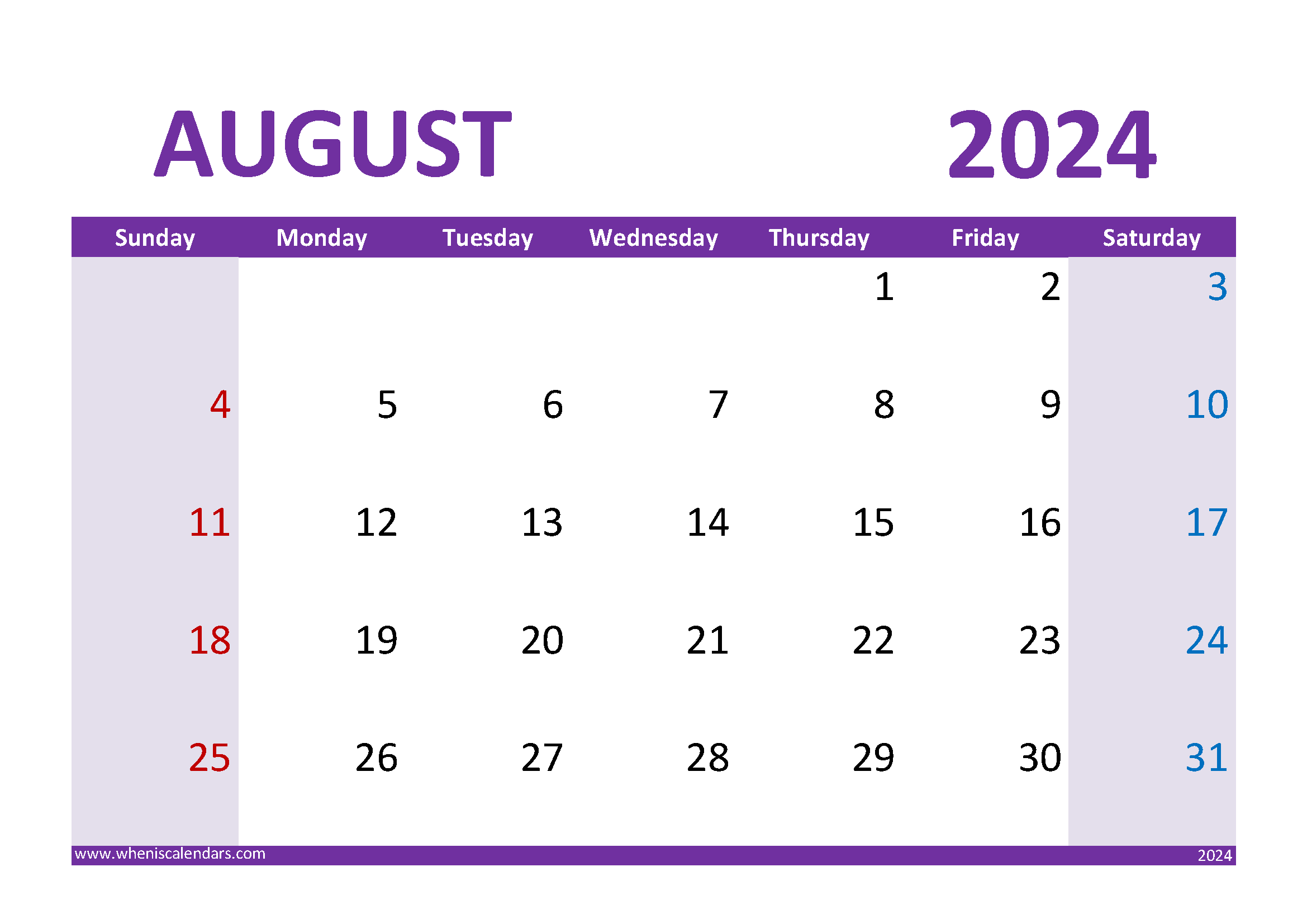 August 2024 Calendar cute Printable Monthly Calendar
