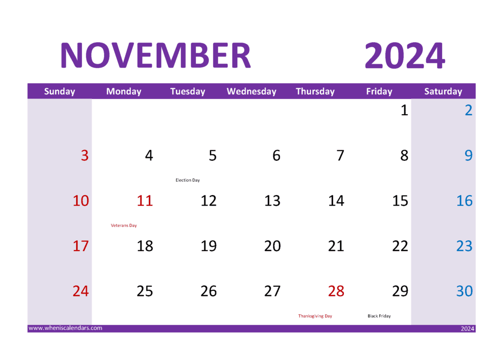 printable Calendar 2024 with Holidays free A4 in horizontal landscape