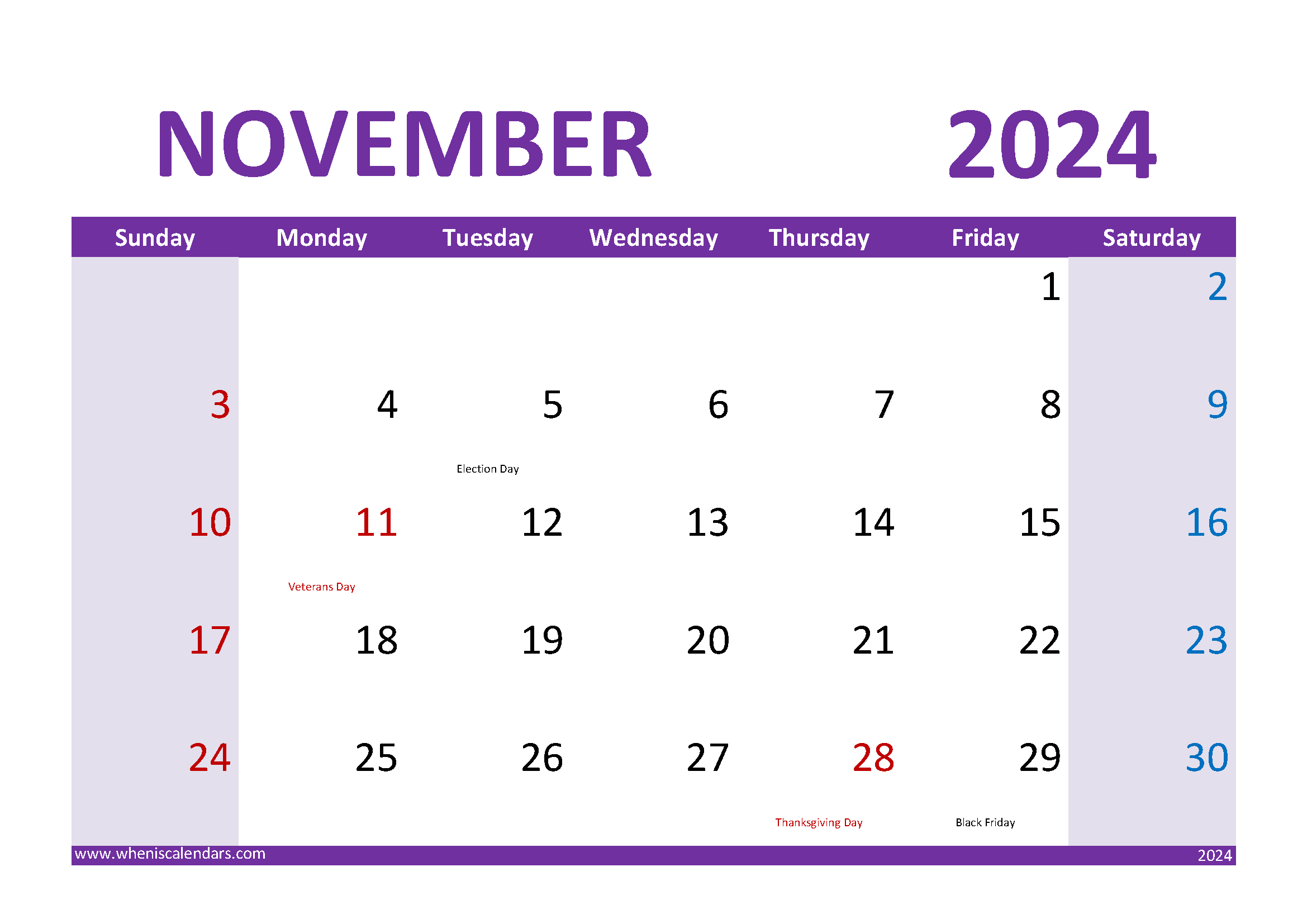 print November 2024 Calendar Monthly Calendar