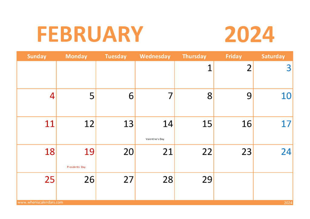 Download February 2024 Printable Calendar page A4 Horizontal F4306
