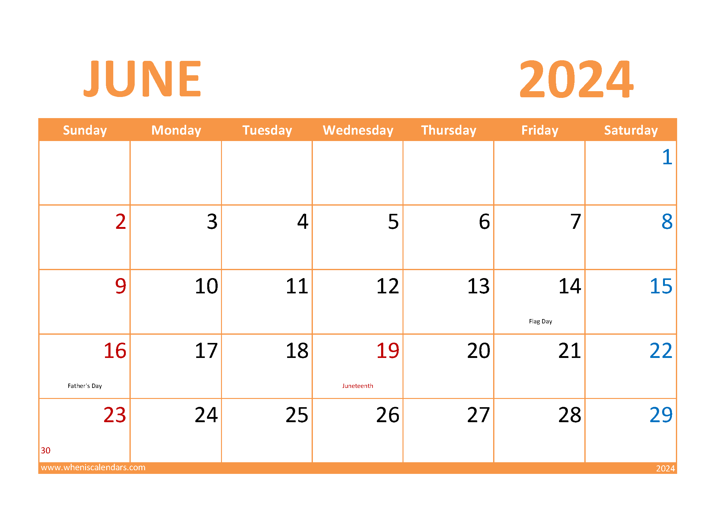 June 2024 Printable Calendar page Monthly Calendar