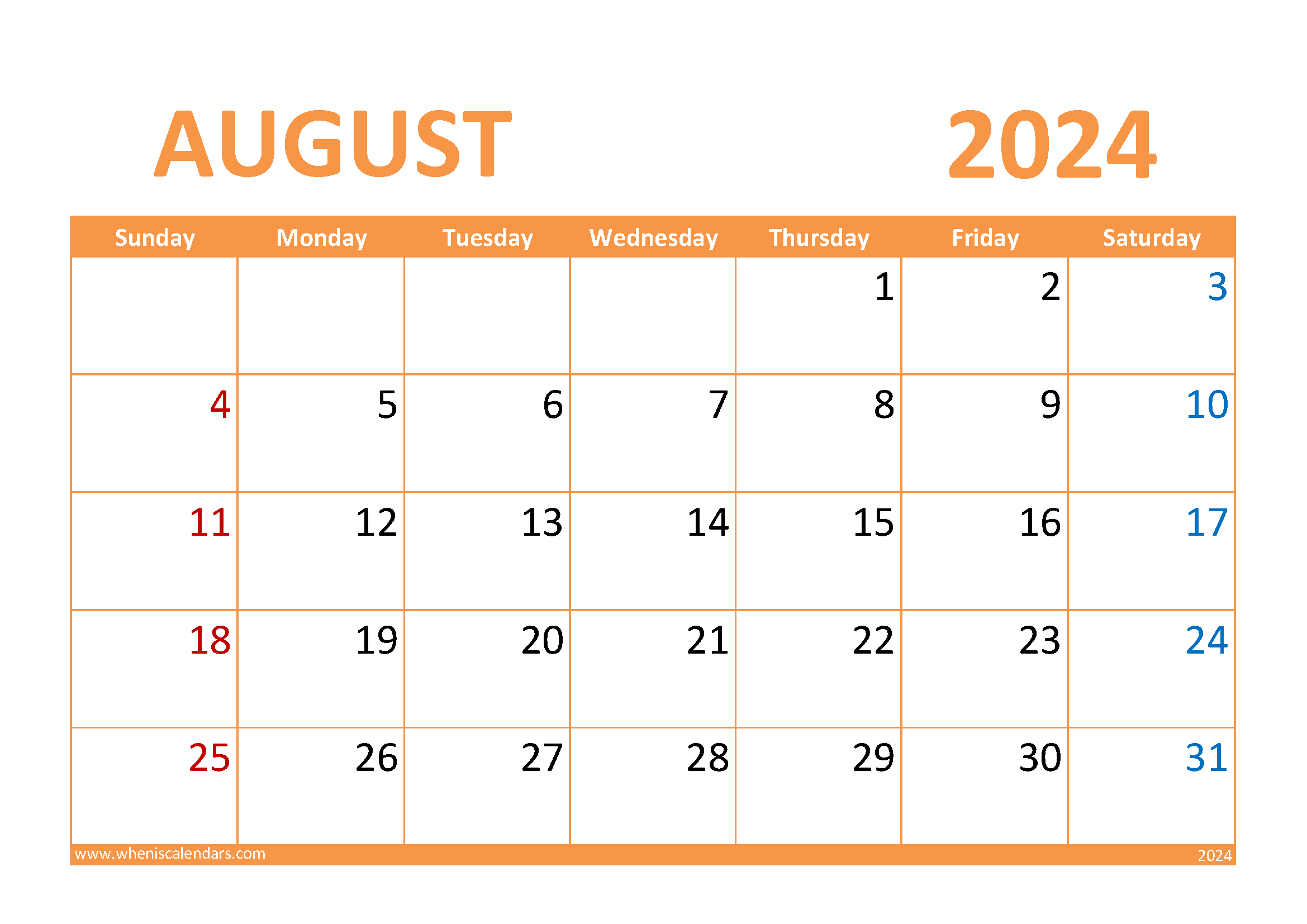 Printable August Calendar 2024 Monthly Calendar
