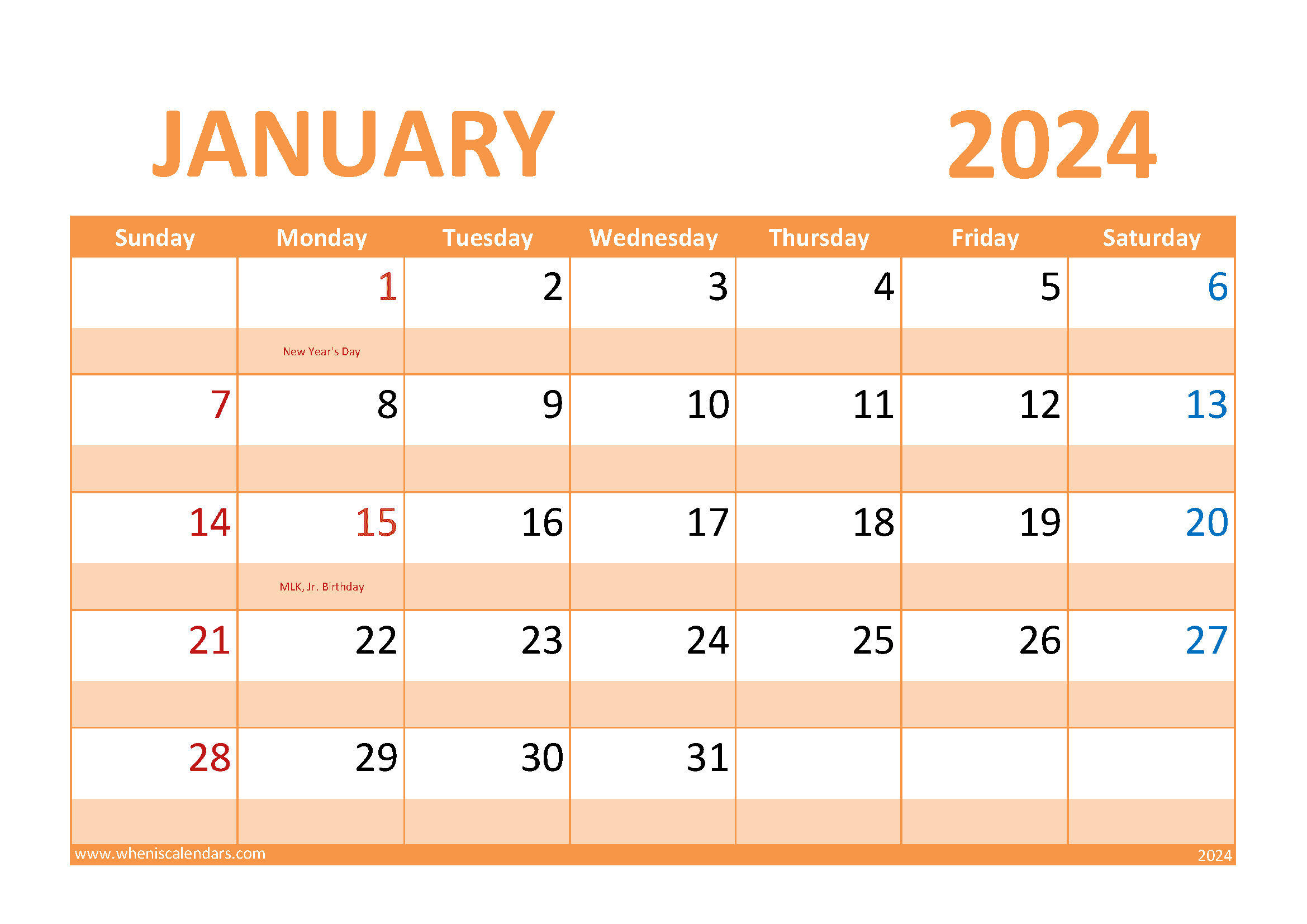 Download Free Printable Blank Calendar January 2024 A4 Horizontal J4307
