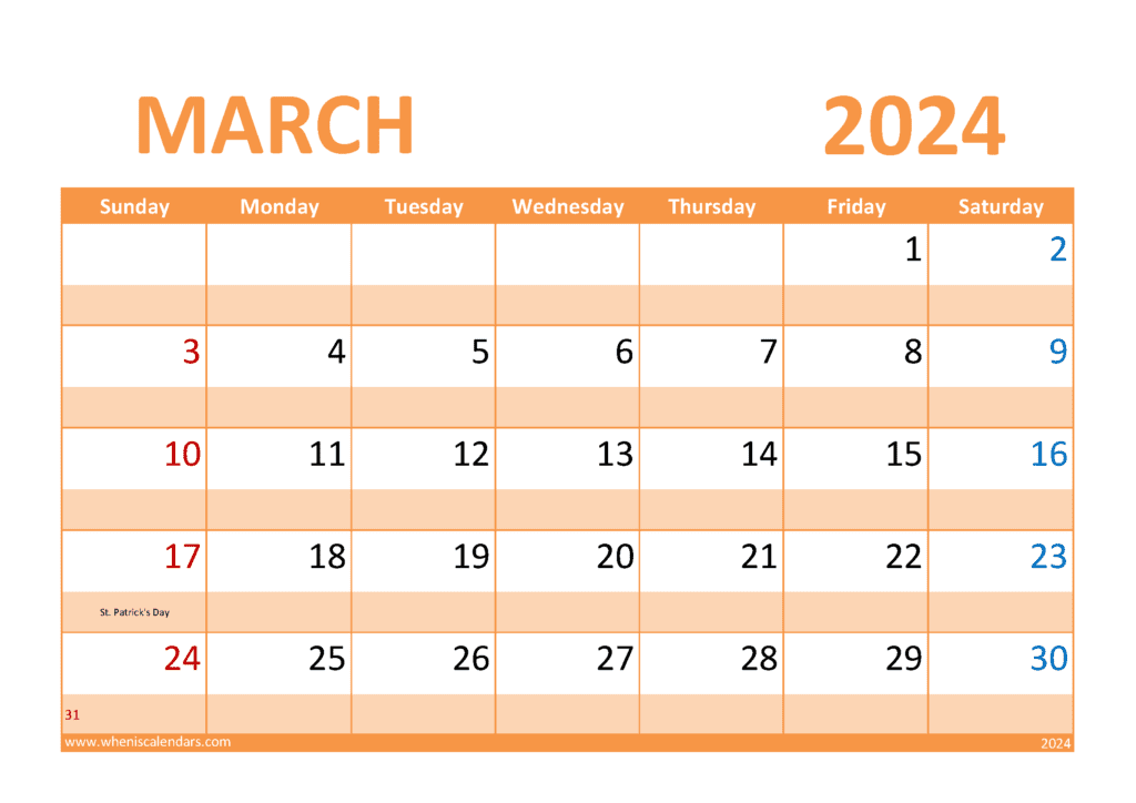 Download Free Printable Blank Calendar March 2024 A4 Horizontal M34307