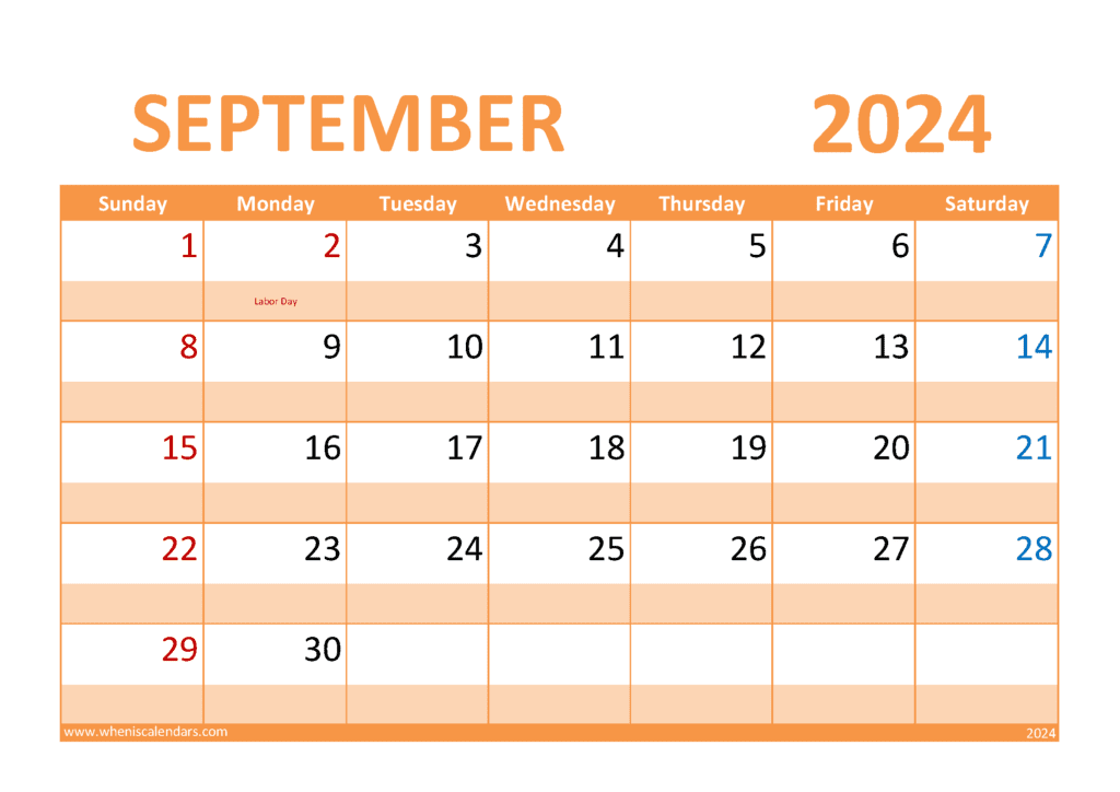 Download free September Calendar 2024 with Holidays printable A4 in horizontal landscape