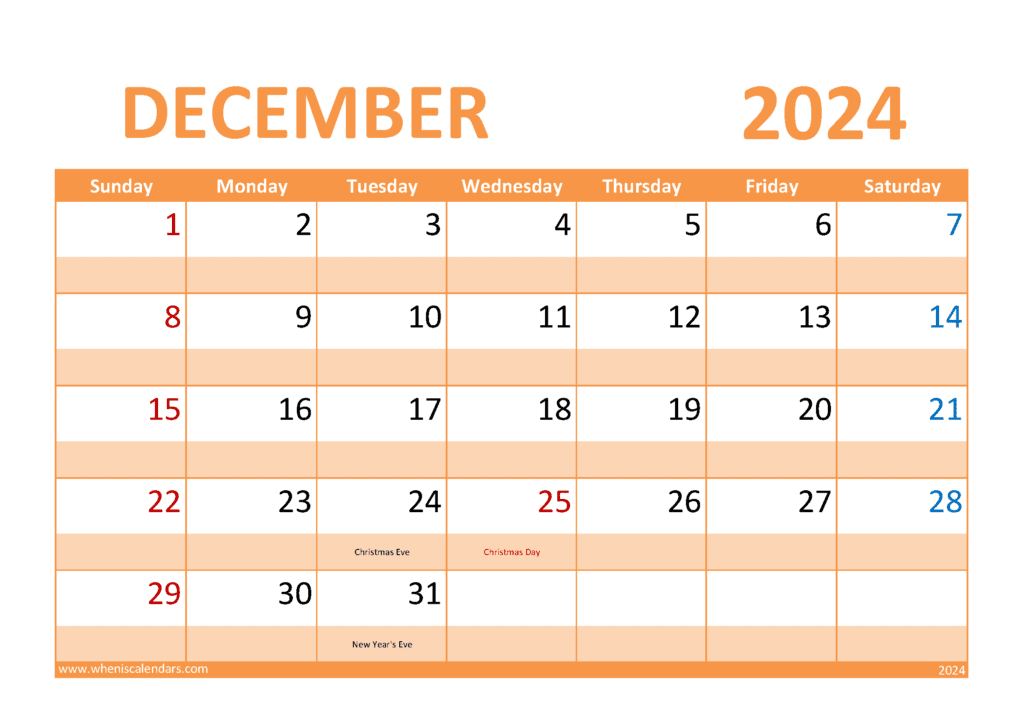 Download free December Calendar 2024 with Holidays printable A4 in horizontal landscape