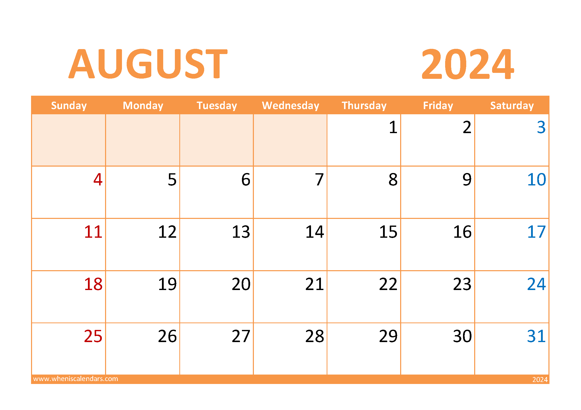 August Blank Calendar 2024 Monthly Calendar