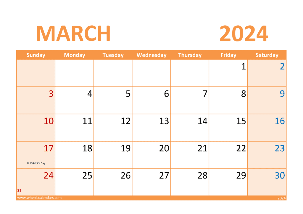 Download month Calendar Printable March 2024 A4 Horizontal M34309