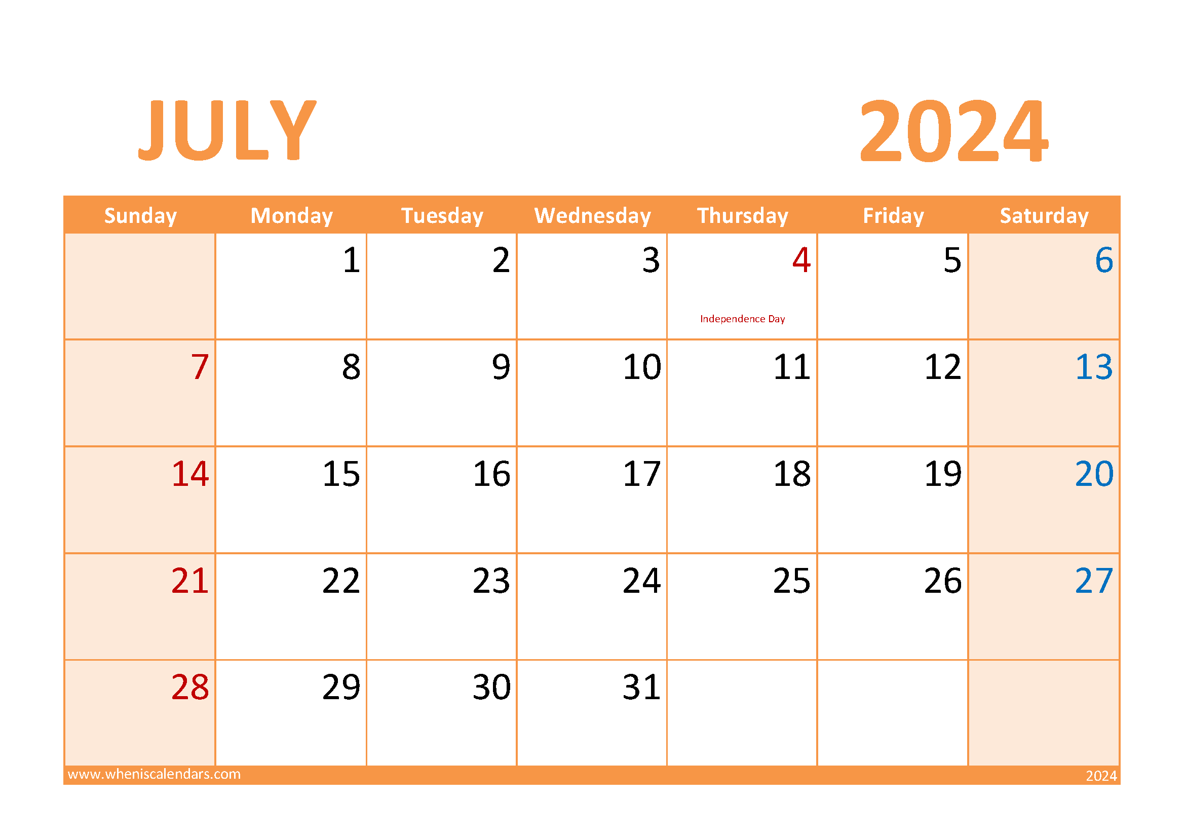 July Blank Calendar 2024 Monthly Calendar