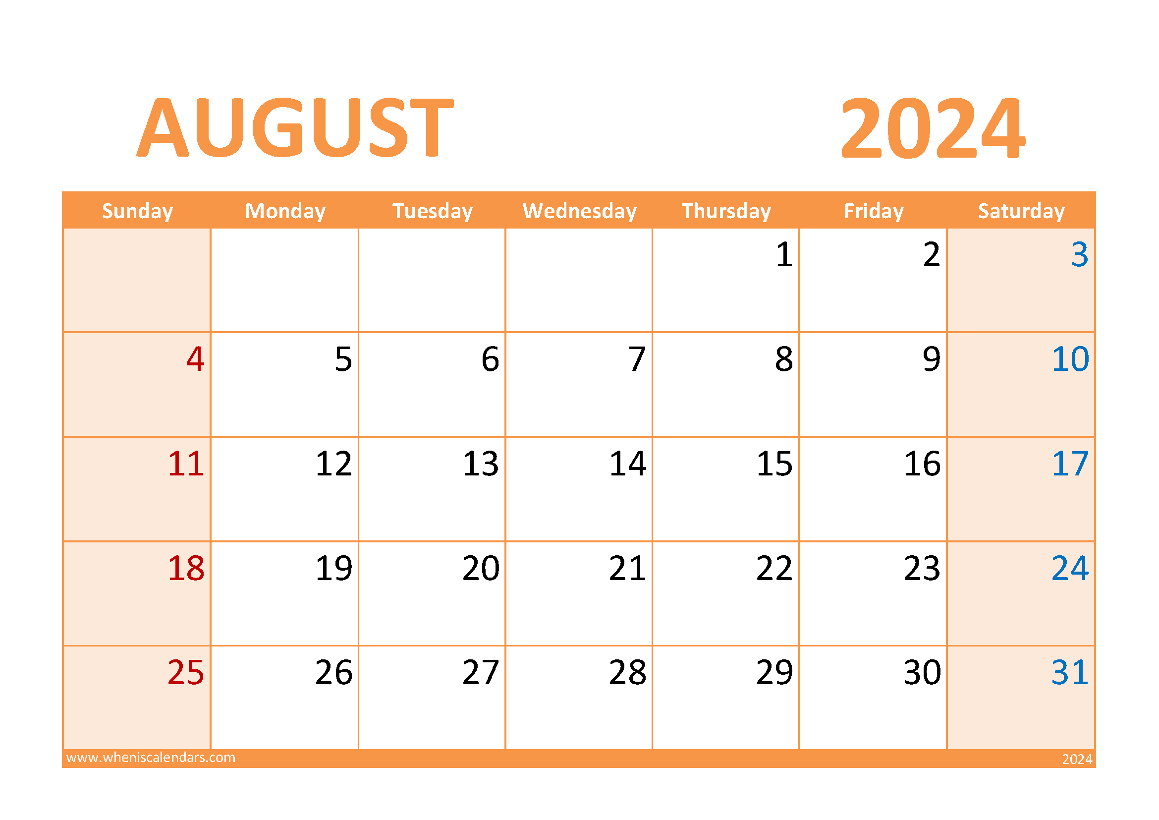 Printable August 2024 Monthly Calendar