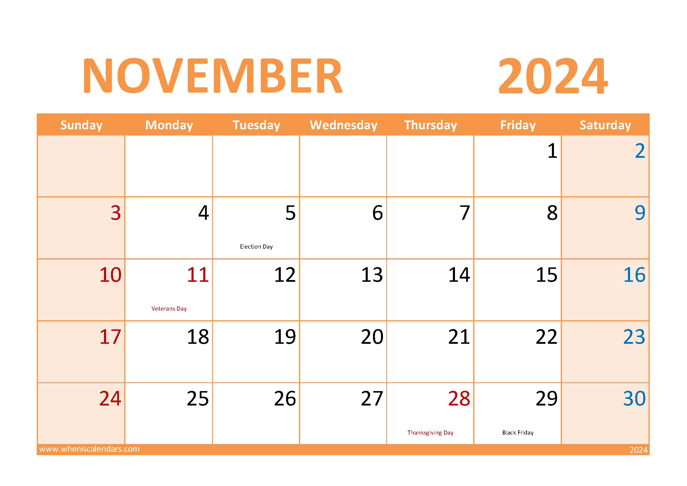Printable November 2024 Monthly Calendar