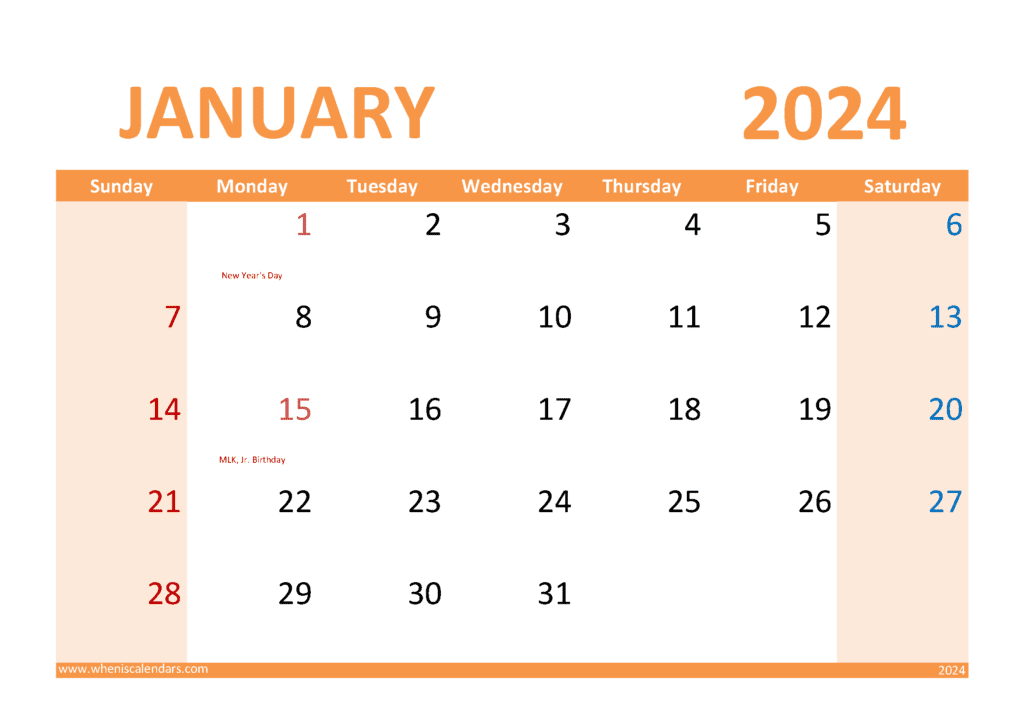Download free January Calendar 2024 with Holidays printable A4 in horizontal landscape