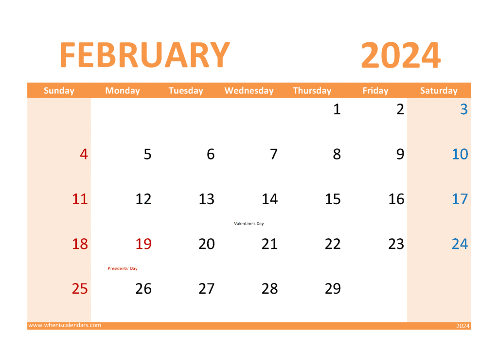 Download free February Calendar 2024 with Holidays printable A4 in horizontal landscape