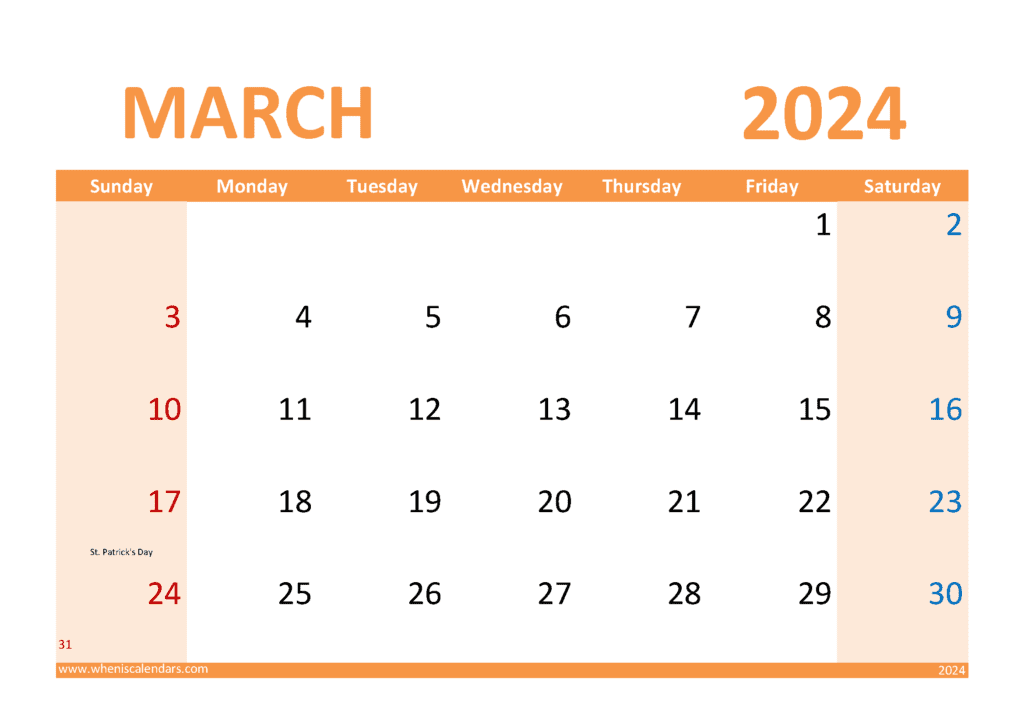 Download Free 2024 March Calendar Printable A4 Horizontal M34310