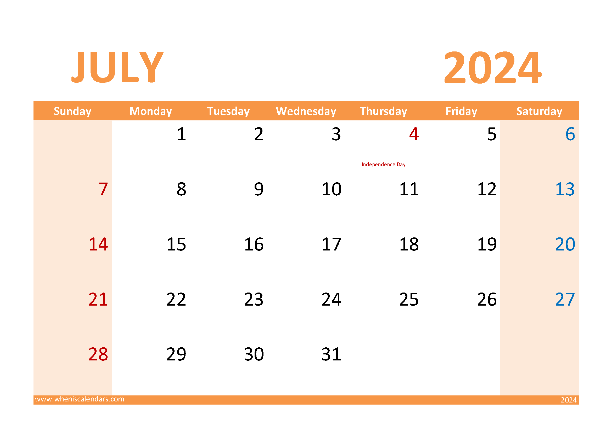 Free 2024 July Calendar Printable Monthly Calendar