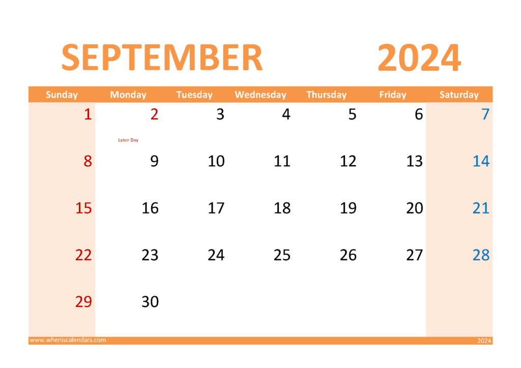 Download free September Calendar 2024 with Holidays printable A4 in horizontal landscape