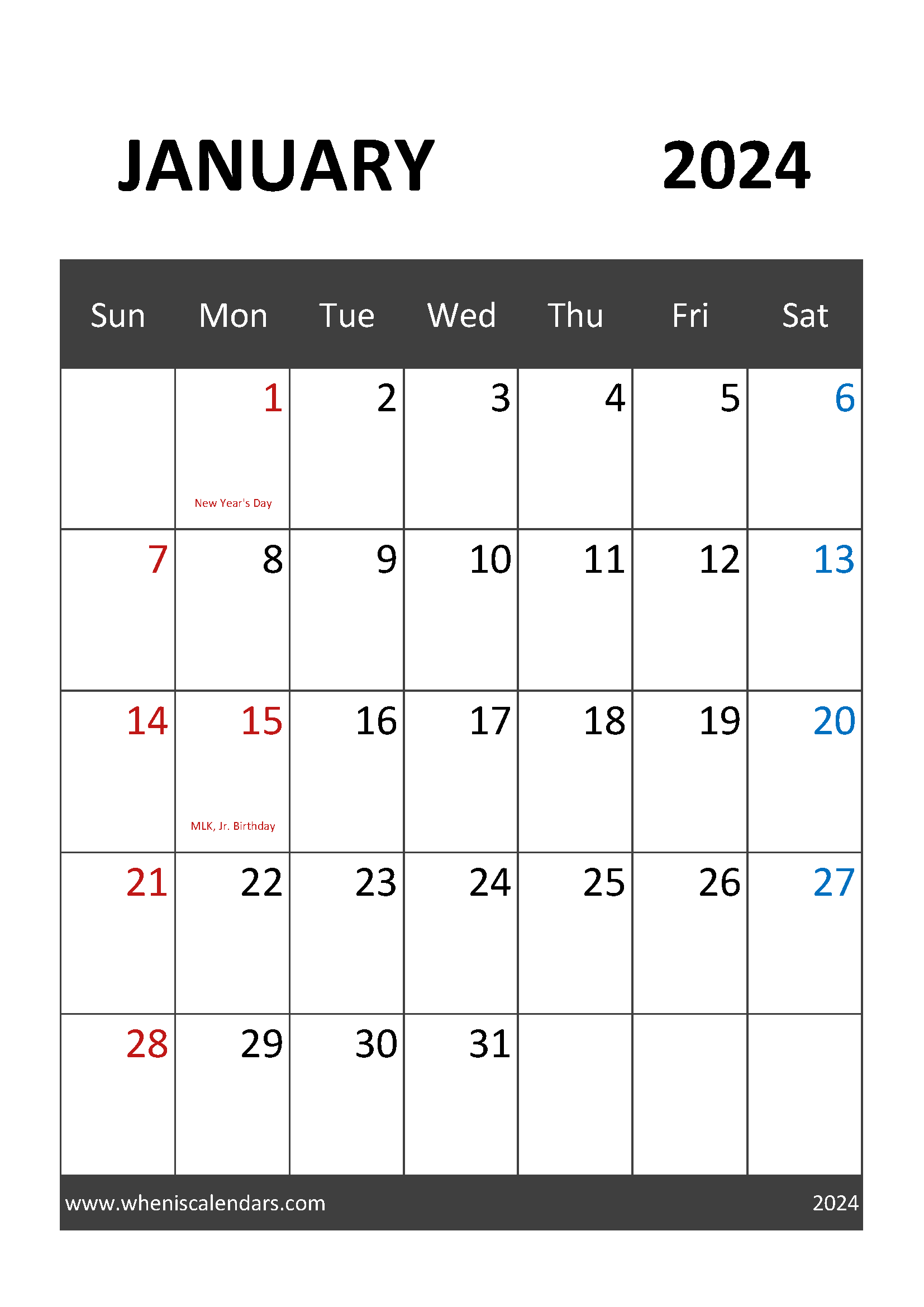 Printable January Calendar 2024 Free Monthly Calendar