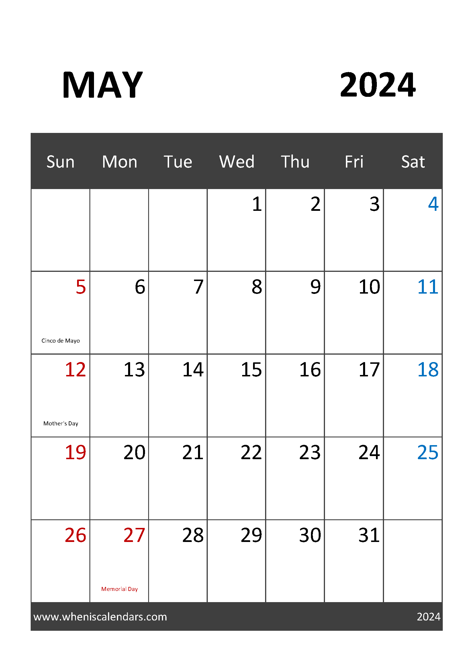 Printable May Calendar 2024 Free Monthly Calendar