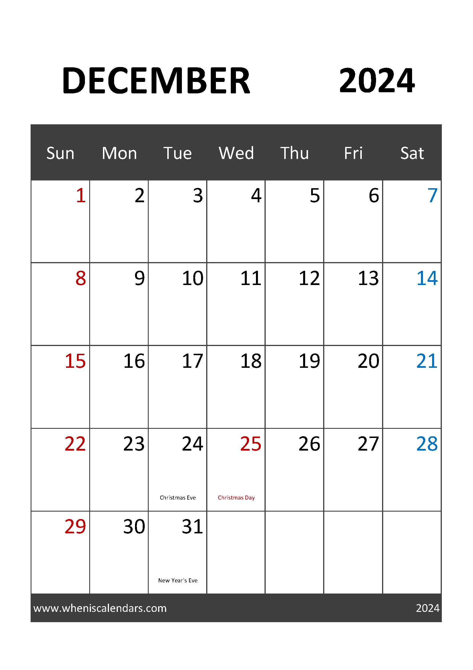 Printable December Calendar 2024 Free Monthly Calendar