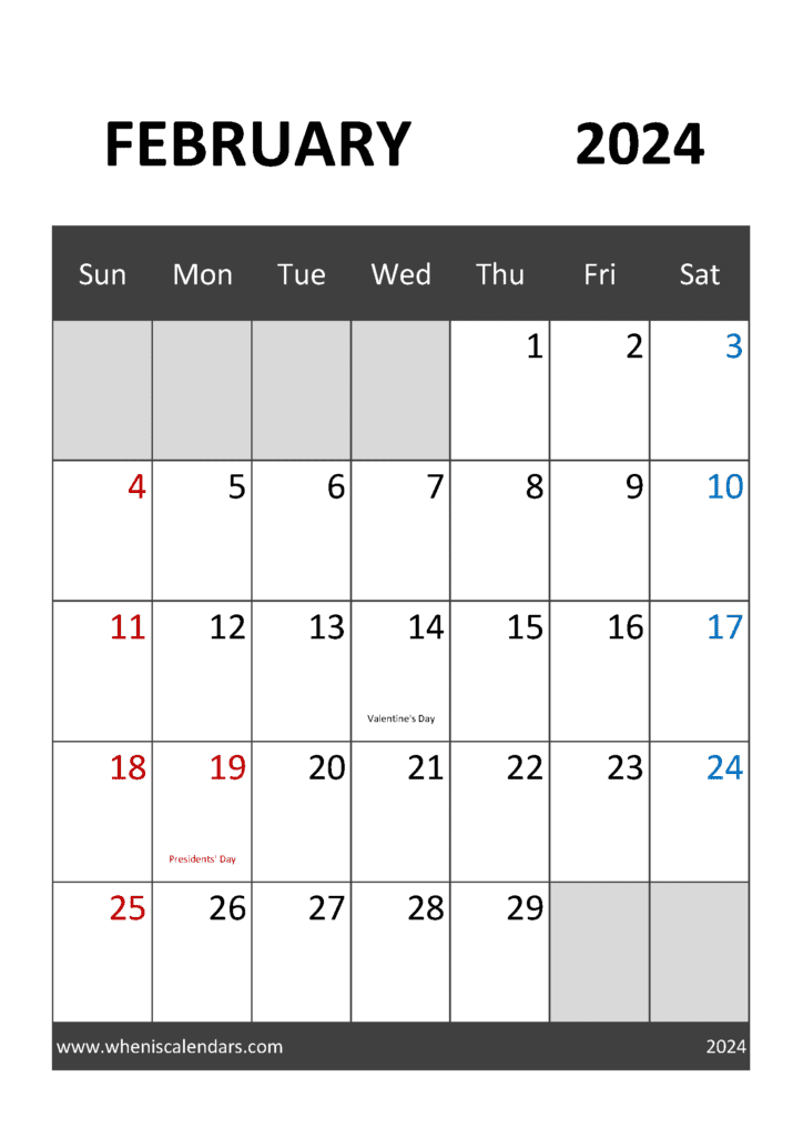 2024 February Calendar with Holidays Monthly Calendar