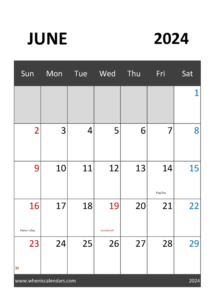 2024 June Calendar with Holidays J64033